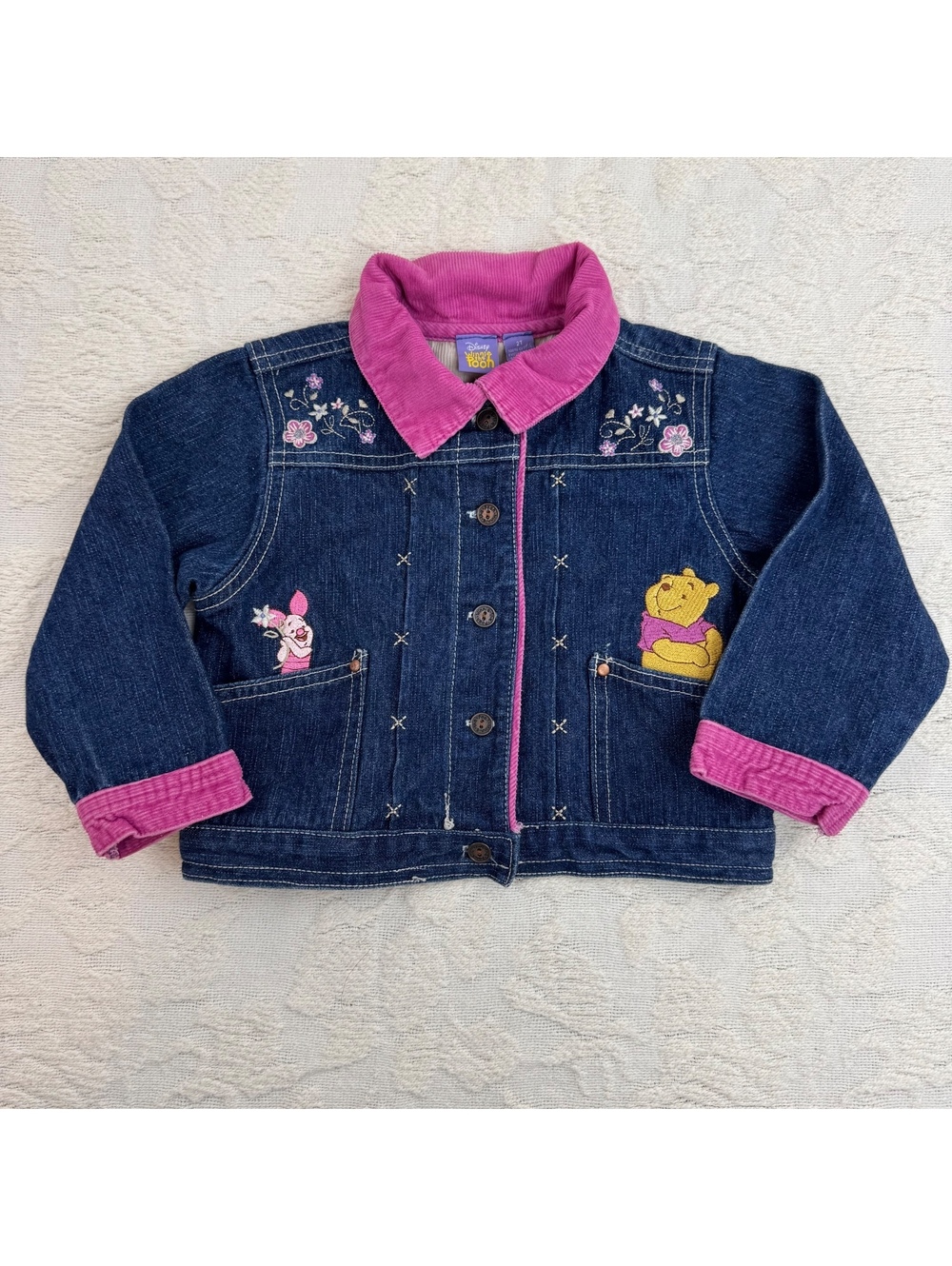 Vintage Disney Winnie the Pooh Denim Jacket Pink Corduroy Trim Toddler Girls 2t
